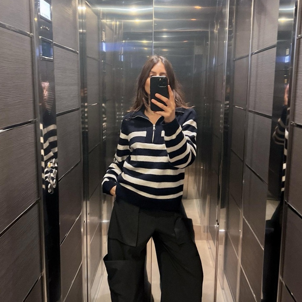 New Zara Black and Cream Striped Crop Cowl Sweater - Picture 4 of 8